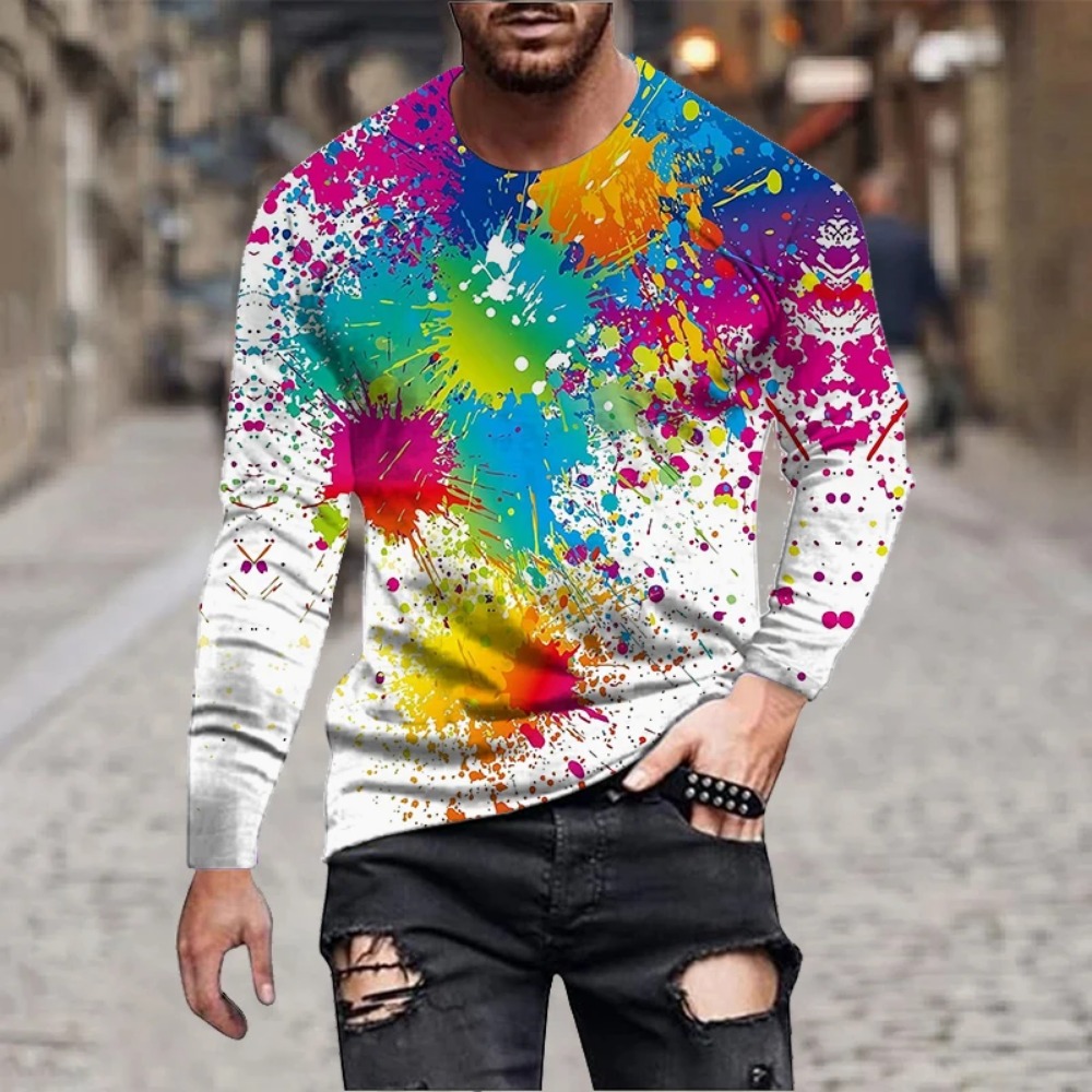 Men'S Fashion T Shirts - Herren Regenbogen-Farbspritzer 3D-Druck Langarm-T-Shirt Buntes Tintengraffiti-Tee