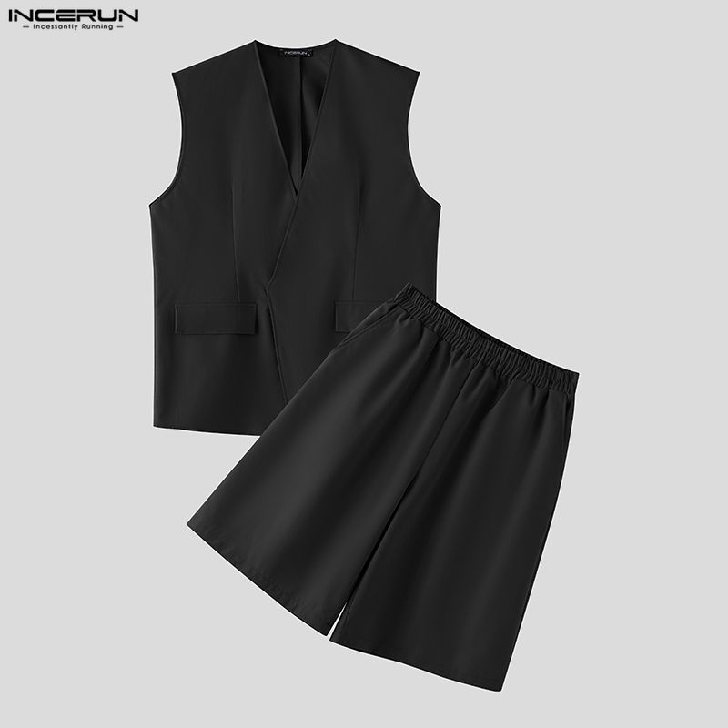 Mens Fashion Summer - INCERUN Herren-Sets Einfarbige V-Ausschnitt Ärmellose Westen